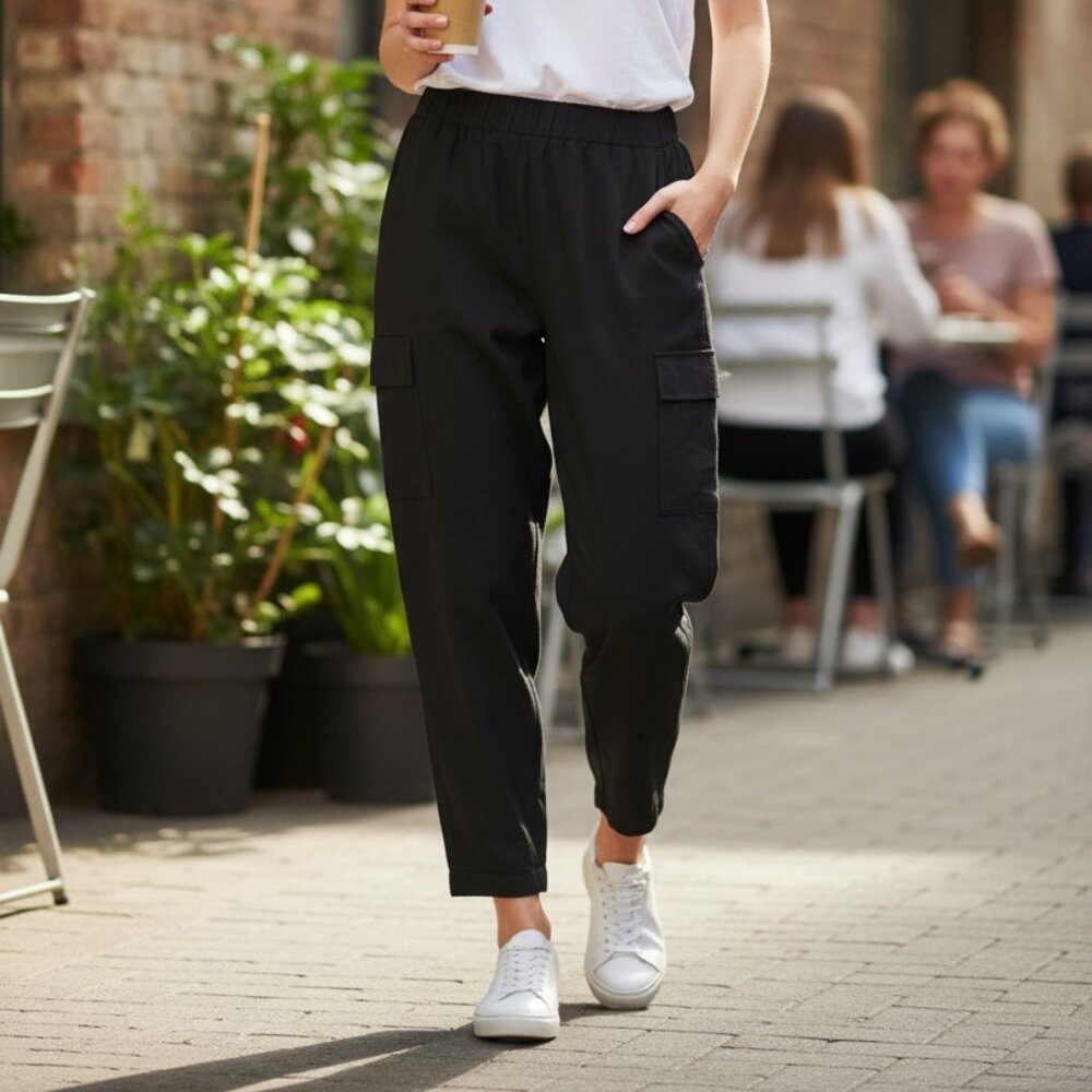 Zara Black Linen Relaxed Trousers with Elastic Waist - Sz 6/8
